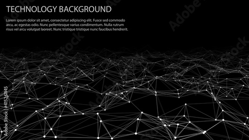 Abstract digital background of points and lines. Glowing black plexus. Big data. Network or connection. Abstract technology science background. 3d vector illustration.