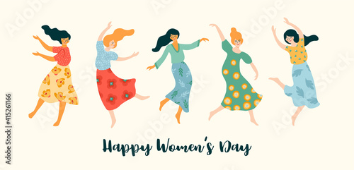 Vector illustration of cute dancing women. International Women s Day concept for card, poster, banner and other