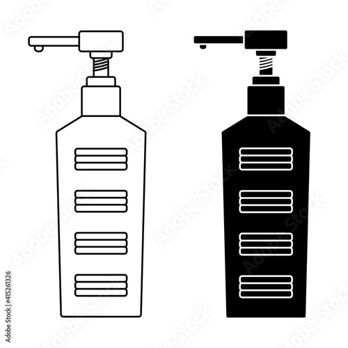 Hand sanitizer, pump bottle. Vector sanitizer and antiseptic alcohol gel symbol. Liquid soap with pumping from the bottle. Thin line bottle. Applying a moisturizing sanitizer. Antiseptic gel