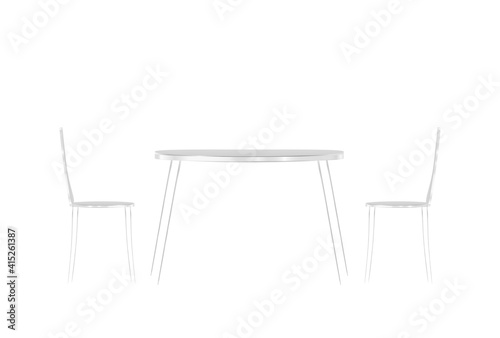 Modern steel chairs and table. Furniture for the dining room and kitchen area. Objects for interior design, or for architectural compositions