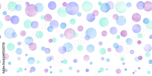 Seamless pastel watercolor background texture. Pastel color circles. Painted illustration. Template for design. Vintage. Retro. Blue, green, purple.
