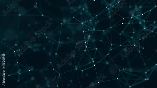Abstract plexus of moving glowing dots and lines. Network or digital connection. Technology background. 3d rendering. 4K. Seamless loop.