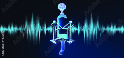 Professional microphone with waveform on blue background banner, Podcast or recording studio background. Digital low poly wireframe of futuristic vector. 