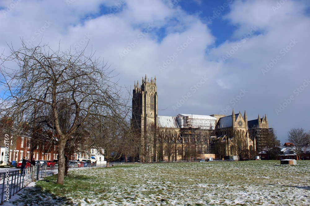 Beverley Minster from the south following a snowfall.