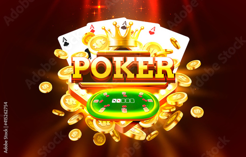 Poker label frame, golden banner, border winner, Vegas game. Vector