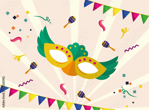 carnival mask with maracas and banner pennant vector design