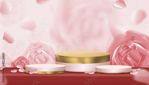 Vector 3D English rose with empty display pink and yellow gold stand,Blooming spring flower with podium on blurry petal background, illustration showcase mock up for cosmetic or beauty products