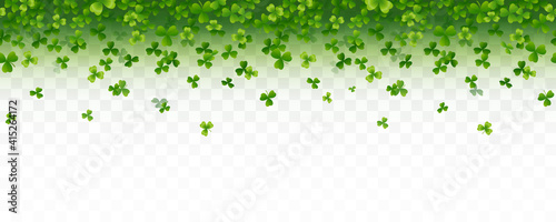 Shamrock flying leaves seamless border isolated on transparent background. Green irish symbols Good Luck banner. Vector clover pattern for Saint Patrick's Day holiday greeting card design