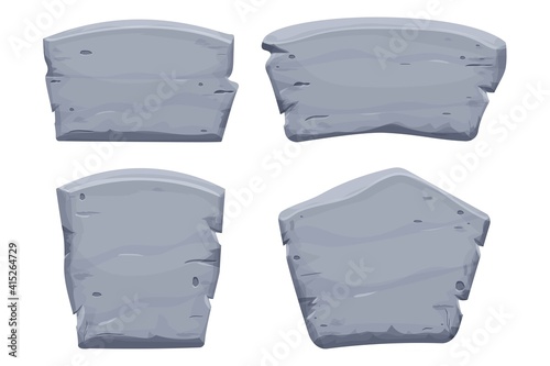 Set of Stone tablet, rock banner with cracked elements in cartoon style isolated on white background. Grey frame, block boulder for interface ui games.