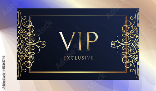 Vip card vectors. Gold card. Blue lilac gradient geometric ornament pattern in oriental style. Background with gold lettering invitation. Luxury design for VIP members. Shine and luxury.