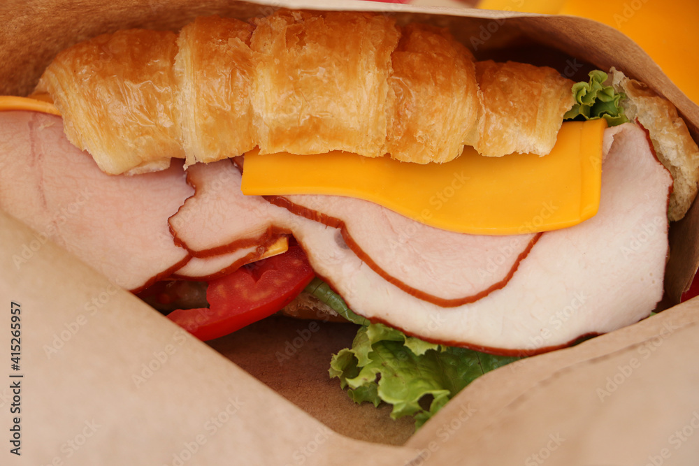 Closeup photography of the sandwich with bacon,cheese and vegetables in the paper cover.Take away food at the street. Closeup photography of the sandwich with bacon,cheese and vegetables in the paper cover.Take away food at the street.