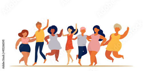 Vector illustration of a set of bodies of positive happy female characters, different, nation, age, The concept of self-acceptance, refusal of diets. Fat, thin girls, women dancing. Banner, poster.