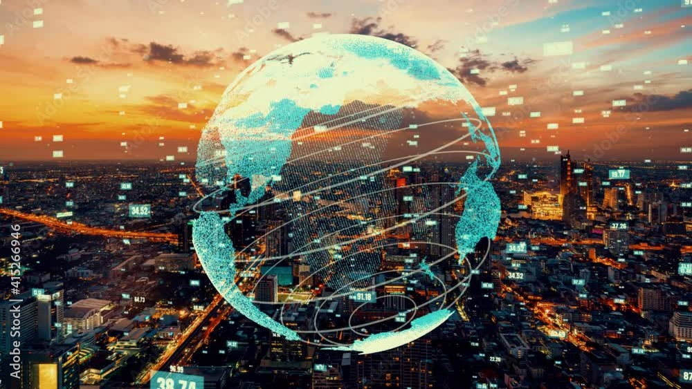 Global connection and the internet network modernization in smart city . Concept of future 5G wireless digital connecting and social media networking .