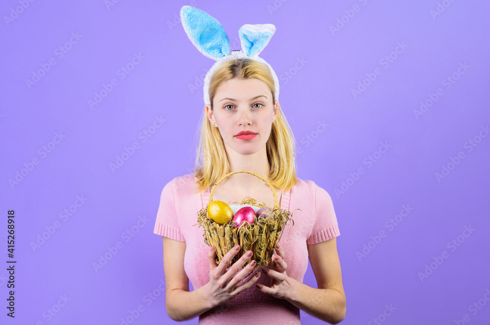 Easter Day. Woman with basket eggs. Bunny girl. Egg hunt. Easter Day. Woman with basket eggs. Bunny girl. Egg hunt.