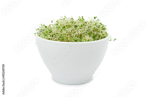 Organic young alfalfa sprouts in a cup on a white background