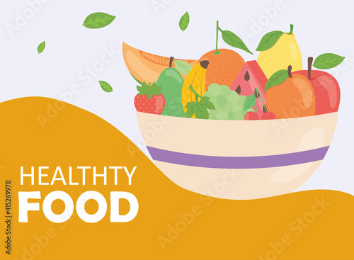 Healthy food fruits inside bowl vector design