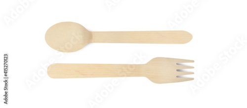 Wooden spoon and fork isolated on white background