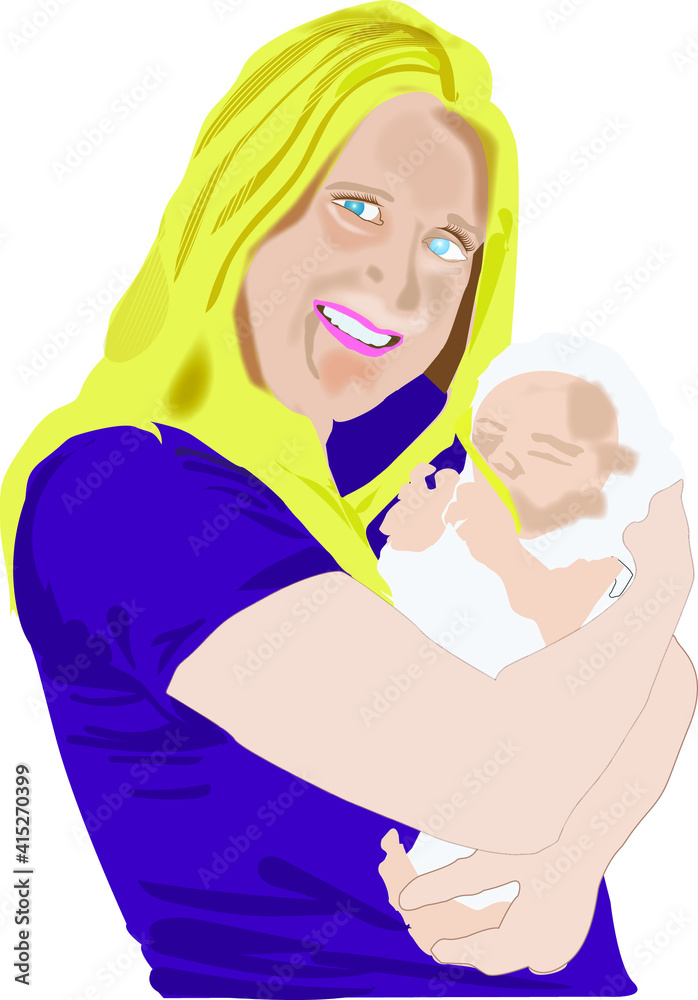 Vector illustration of young girl holding newborn baby