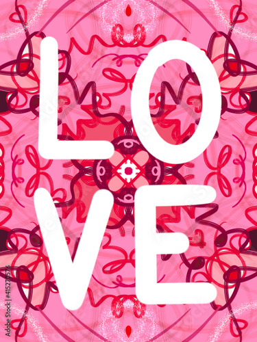 Digital illustration of Love handwritten on a pink textured background for Valentines Day