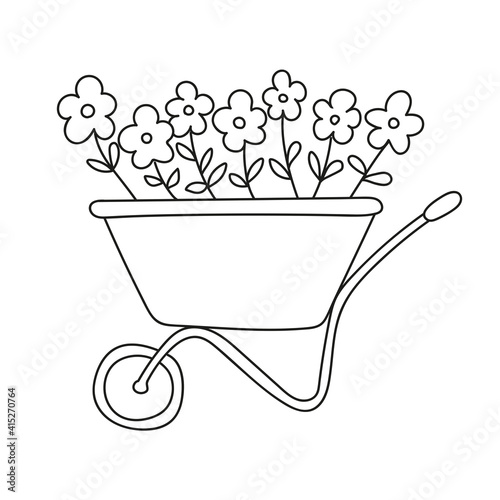 cart with flowers for gardening in doodle style