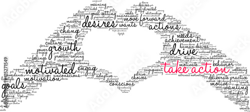 Take Action Word Cloud on a white background. 