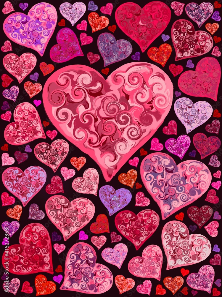 Obraz premium Multicolor pink hearts with swirly marble paper texture wallpaper