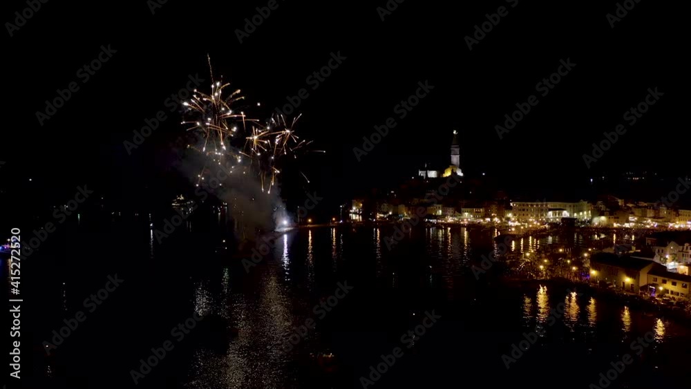 Aerial view of fireworks show at Rovinj old town, Croatia. Aerial view of fireworks show at Rovinj old town, Croatia.