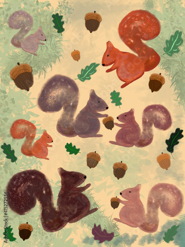 Digital illustration of multicolor furry squirrels and acorns