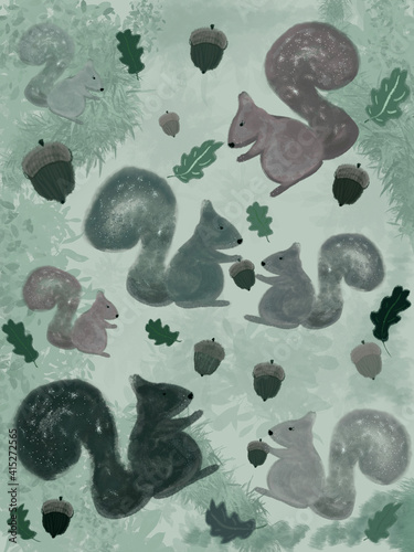 Digital illustration of multicolor furry squirrels and acorns