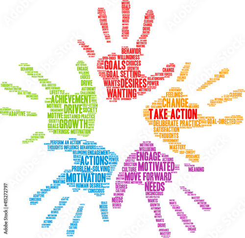 Take Action Word Cloud on a white background. 