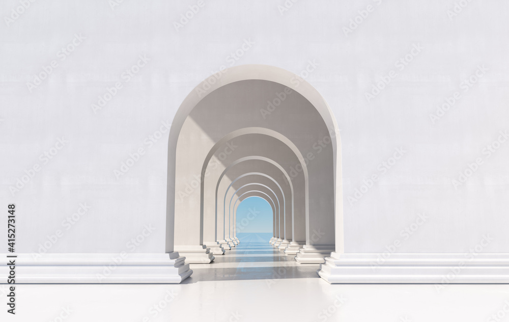 3d rendering. Arch hallway simple geometric background, architectural corridor, portal, arch columns inside empty wall. Modern minimal concept