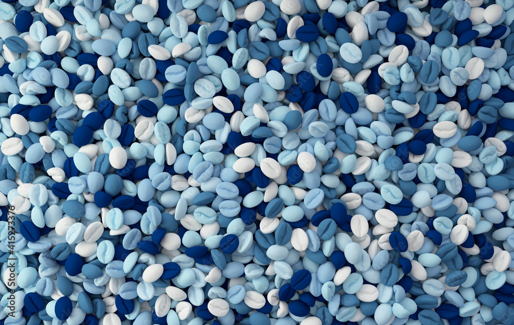 Colorful coffee beans 3d rendering background. Masses of coffee beans close up. Top view. Pastel colors
