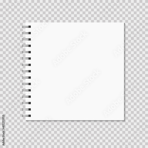 Square notebook mock up on transparent background. Blank pages, copybook with metal spiral template. Realistic closed notebook vector illustration.