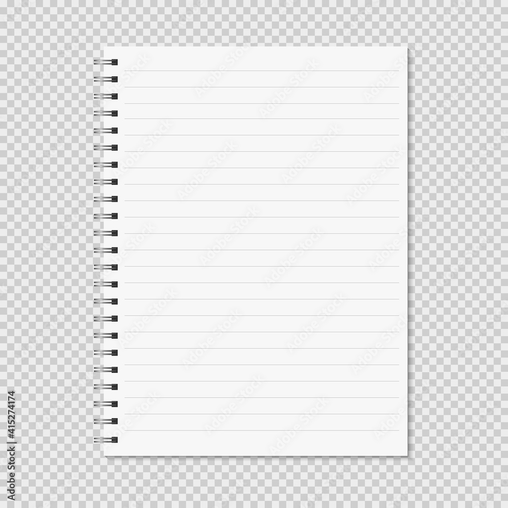 Notebook mock up isolated on transparent background. Lined pages, copybook with metal spiral template. Realistic opened notebook vector illustration. Notebook mock up isolated on transparent background. Lined pages, copybook with metal spiral template. Realistic opened notebook vector illustration.