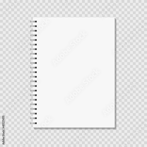 Notebook mock up on transparent background. Blank pages, copybook with metal spiral template. Realistic closed notepad vector illustration.