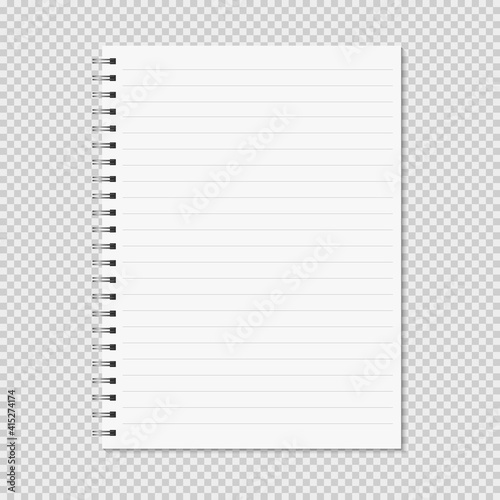 Notebook mock up isolated on transparent background. Lined pages, copybook with metal spiral template. Realistic opened notebook vector illustration.