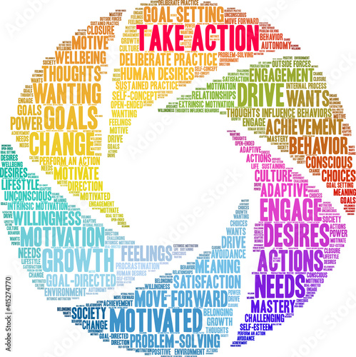 Take Action Word Cloud on a white background. 