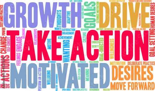 Take Action Word Cloud on a white background. 