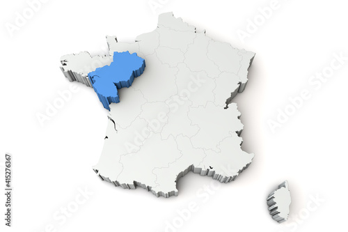 Map of France showing pays de la loire region. 3D Rendering