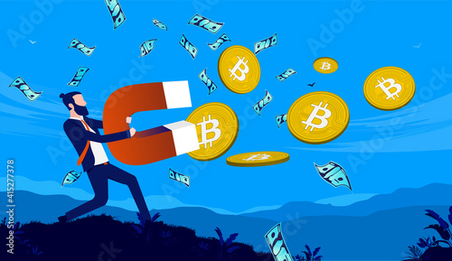 Getting rich on bitcoin - Businessman accumulate crypto currency with big magnet and money flying in air. Collecting and investing concept. Vector illustration.
