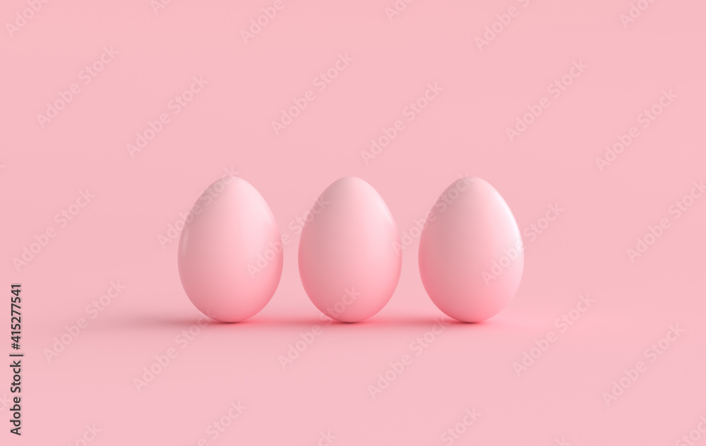 Pastel pink easter eggs on pink background. 3d render, digitally generated template. Happy Easter eggs big hunt or sale banner