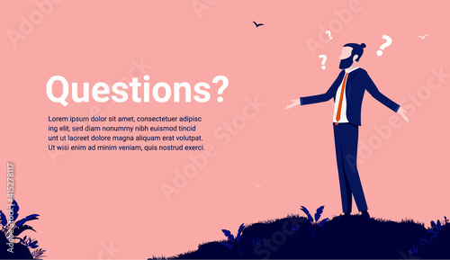 Business questions - Businessman standing clueless with question marks over head. Vector illustration.