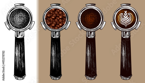 Sketch hand drawn set of coffee  portafilter with coffee beans, latte art, cappuccino. Espresso filter holders isolated., ground roasted coffee,logo, bar, cafe vintage background. Vector illustration photo