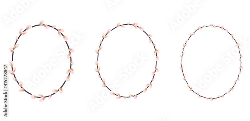 Set of Easter willow wreaths. Oval wreath of willow stems.Vector flat illustration isolated on a white background. Design for invitations, postcards, and printing.