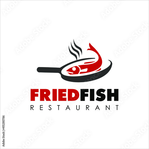 Food Logo Fried Fish in Frypan Vector for Restaurant or Street Food Graphic Design Template