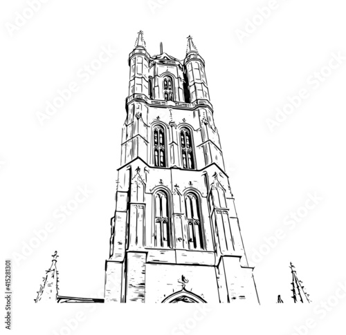 Building view with landmark of Ghent is a port city in northwest Belgium. Hand drawn sketch illustration in vector.