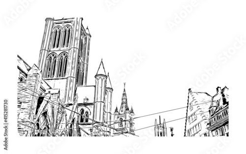 Building view with landmark of Ghent is a port city in northwest Belgium. Hand drawn sketch illustration in vector.