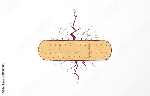 Adhesive tape over the big crack on white background.