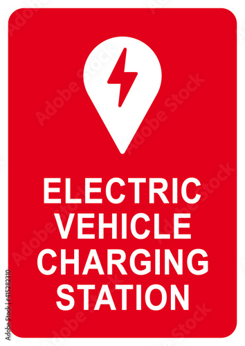ks842 Kombi-Schild - ELECTRIC VEHICLE CHARGING STATION . poster for electric car charging station . location pin . plug-in . flash lightning . print template - DIN A2 A3 A4 red / white g10286
