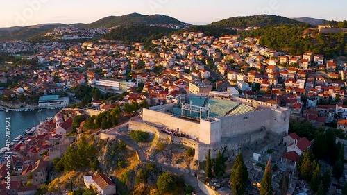 Aerial view of Michael fortress at the bay of Sibenik during sunset, Croatia.